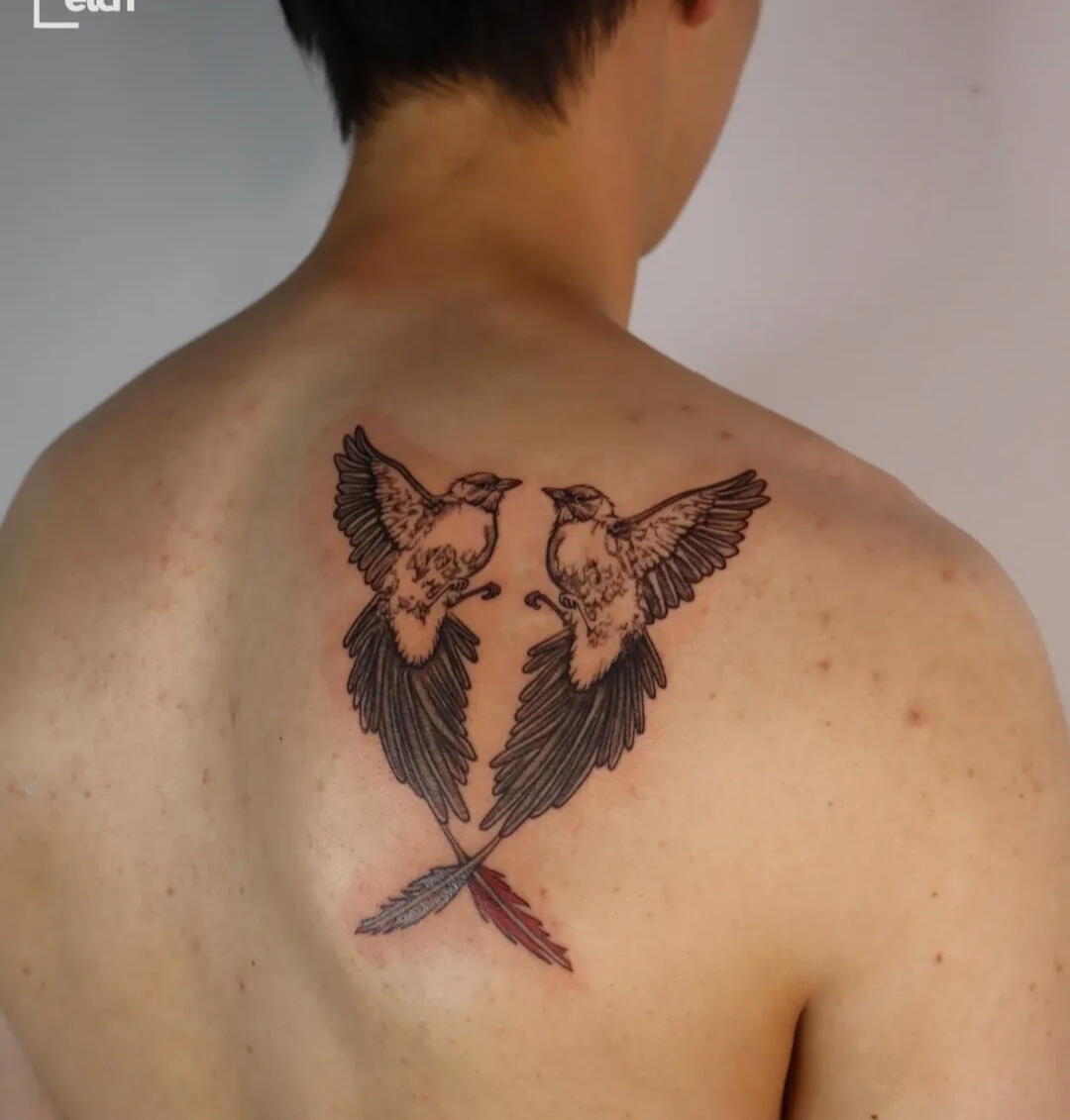 Back piece illustrative fineline birds love birds tattoo
